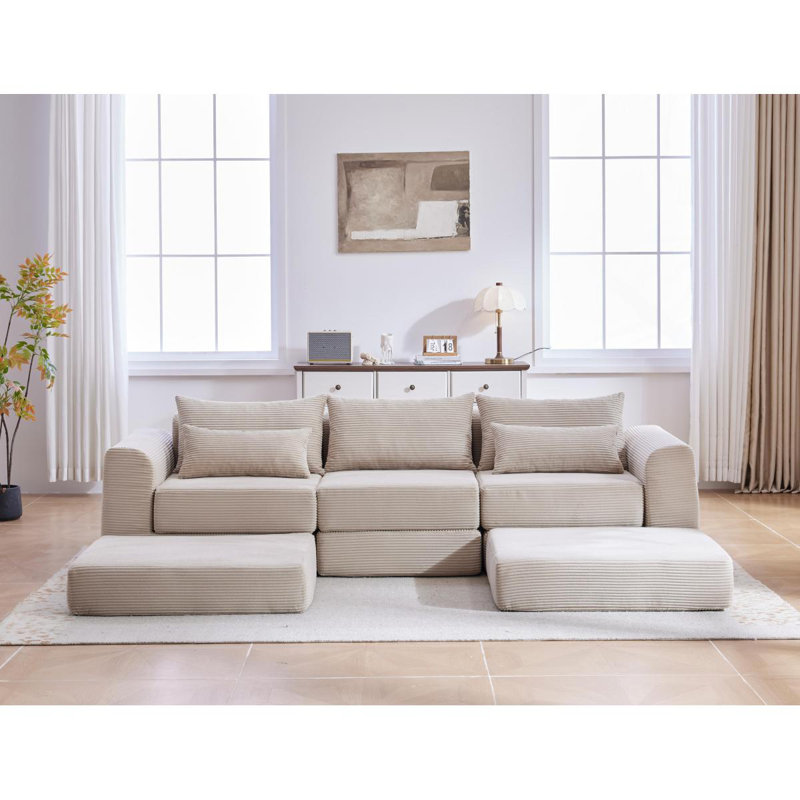 Ensemble de canapé de canapé modulaire rembourré, ensemble de canapé de salon modulaire en forme de L de 100 po avec 5 coussins, canapé-lit bricolage pour salon, appartement, chambre à coucher, chameau