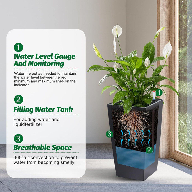 2-Pack 16 Inch Self-Watering Planters, Black Pots with Water Monitor & Wheels for Indoor/Outdoor, Black