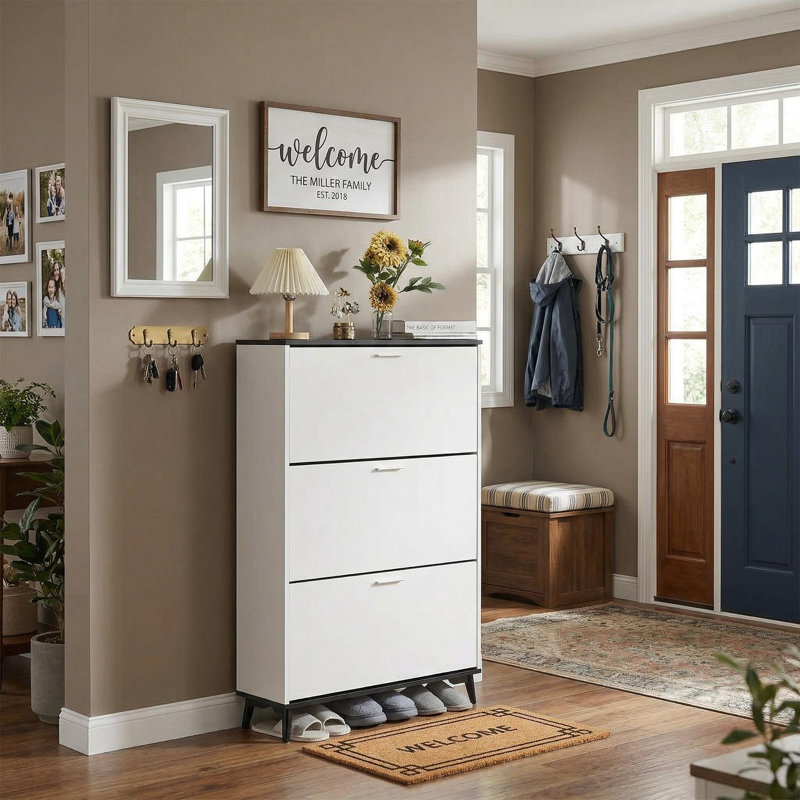 Modern White Shoe Storage Cabinet with 3 Flip Drawers, Slim Wooden Shoe Organizer, Space-Saving Entryway Cabinet for Hallways, Closets, Apartments, Easy to Assemble