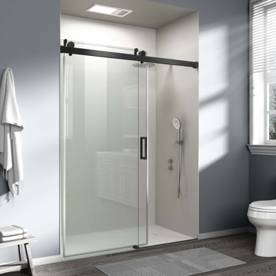 56" - 60" W X 76" H Frameless Soft-Closing Single Sliding Shower Door, 3/8" (10Mm) Tempered Glass With Easy-Cleaning Nano-Coating, Matte Black