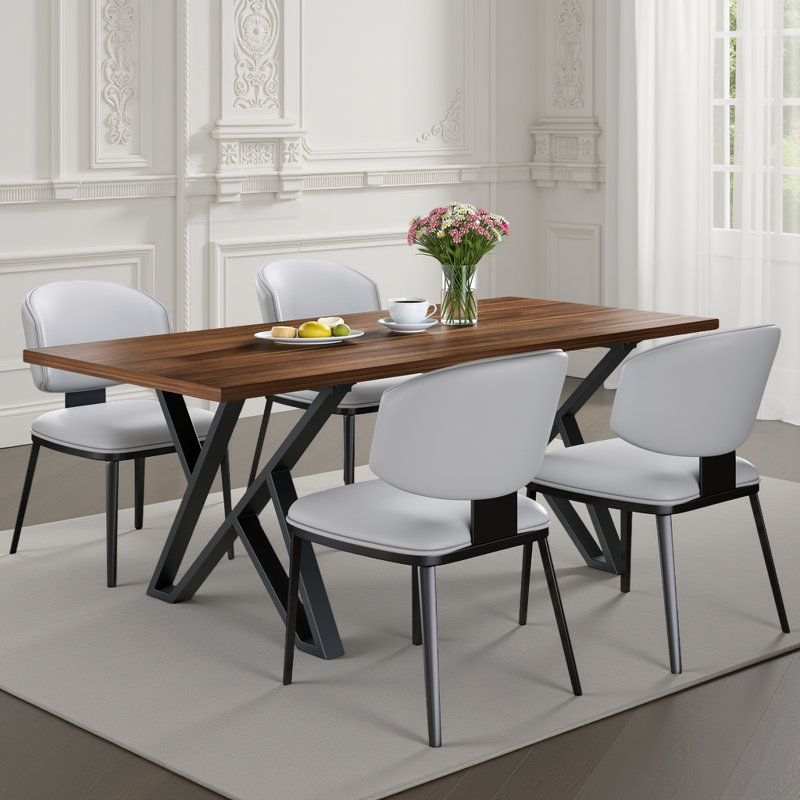 Ensemble de salle à manger moderne 5 pièces - Chaises en similicuir et table de base en métal (finition noyer), Gris