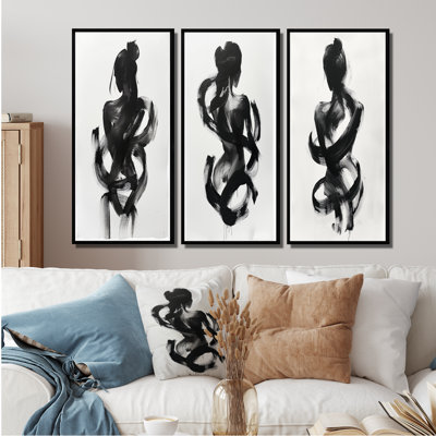 Silhouette de femme minimaliste I - Collection de 3 grands panneaux modernes sur toile