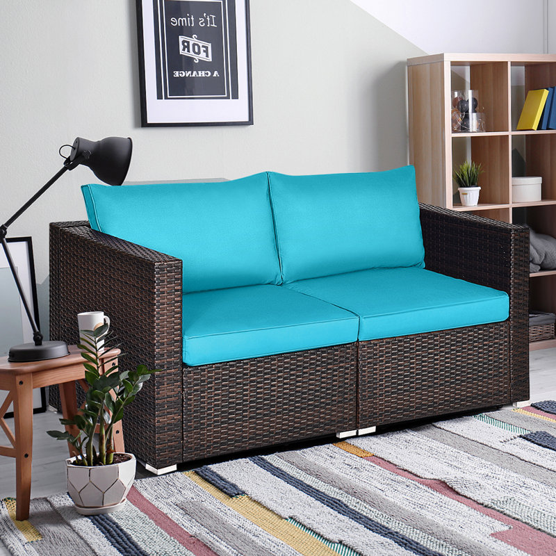 Millee 59'' Wide Wicker Loveseat with Cushions, Blue