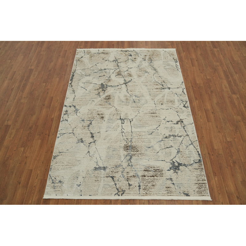 Élégant tapis ivoire et gris avec motif marbré 5 x 8