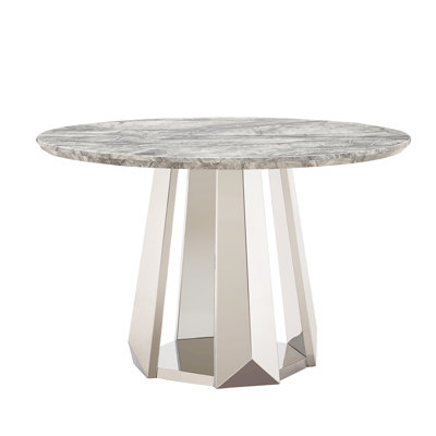 47" Round Marble Dining Table With - Effect Desktop And 8k Mirror Finish Stainless Steel Base, Gray Silver, Suitable For Office 48.03 Inch Diameter Table, Faux Tabletop, Stable Kitchen