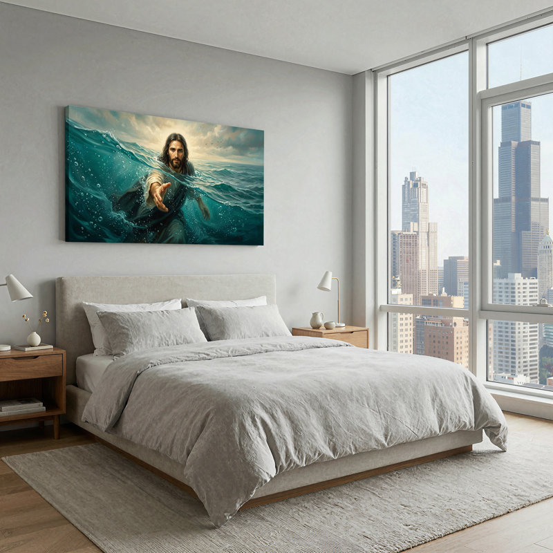 Tableau sur toile représentant Jésus-Christ émergeant des vagues turquoise de l'océan, 32"W x 16"H