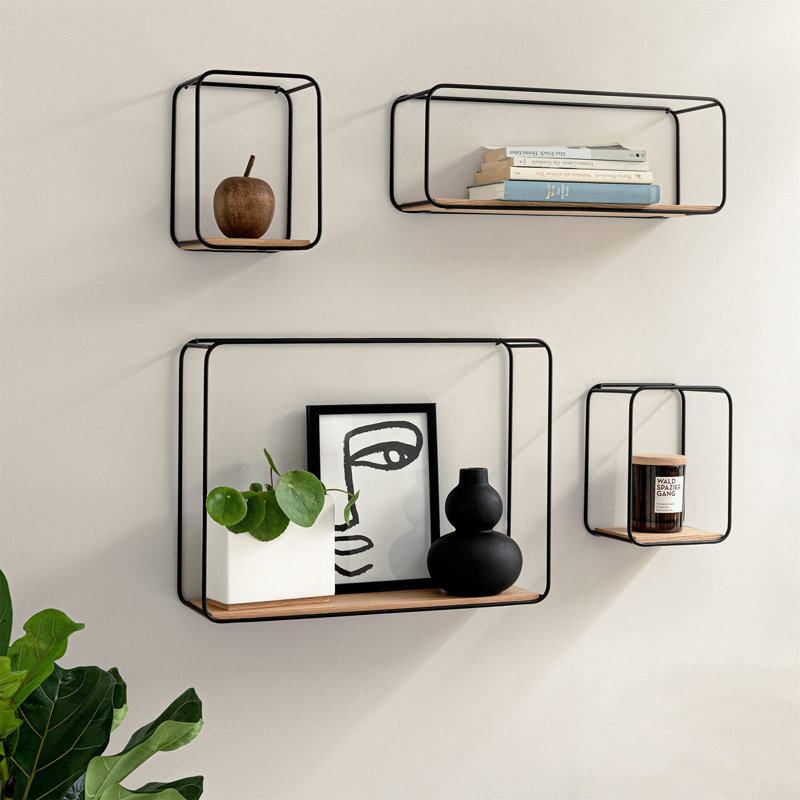 Wall Shelves | 4-Part Shelving Unit Made Of Metal And Real Wood Veneer | Wall Decor, Storage And Book Shelf For Bathroom, Living Room, Kitchen, Bedroom And More | Walnut