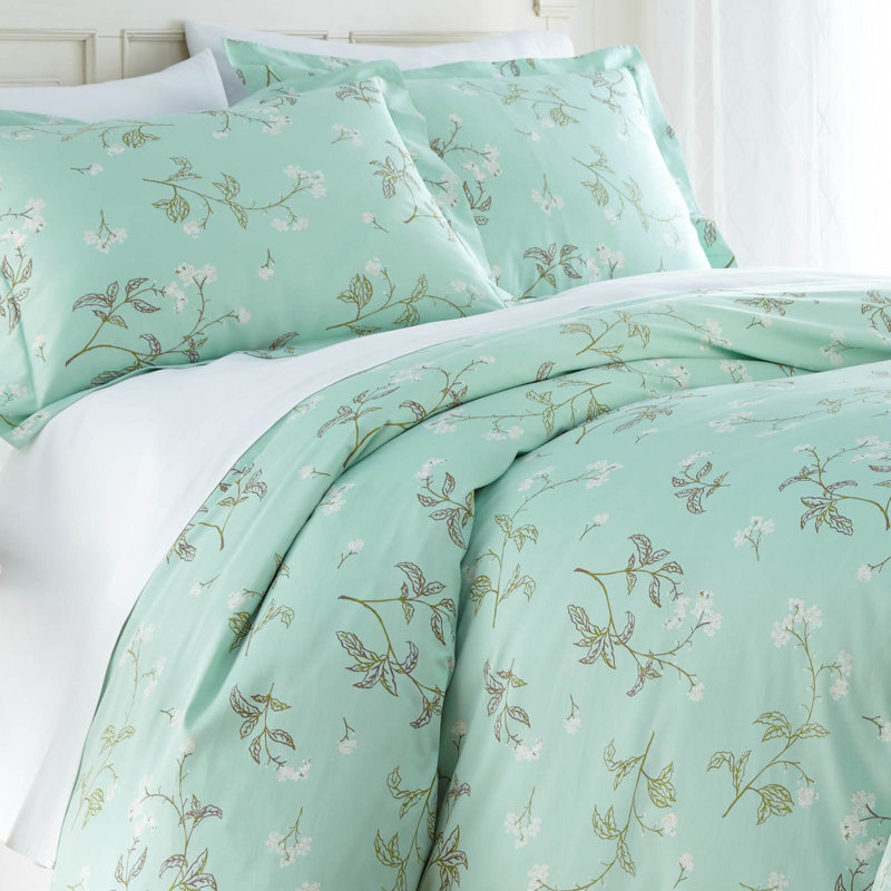Southshore Fine Linens Myosotis Floral Duvet Cover Set, 100% Cotton 300 Thread Count Sateen with Button Closure and Corner Ties, King / Cal King, Green