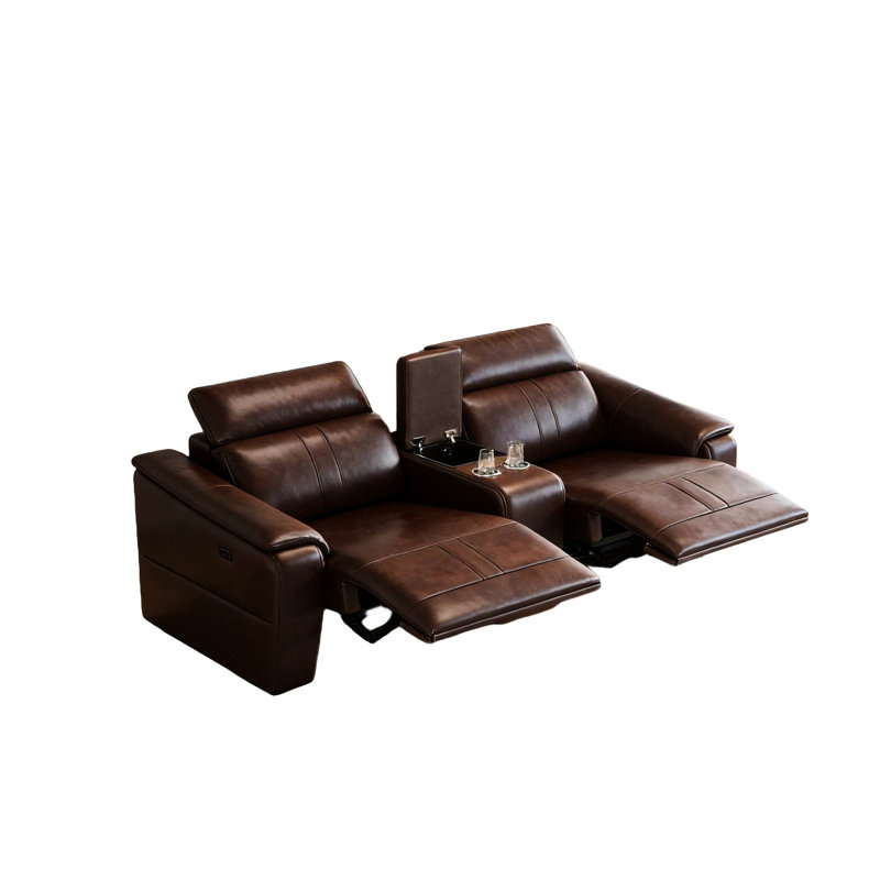 Confortable et modulaire brun foncé 3 avec fauteuil inclinable électrique et rangement intégré, idéal pour les appartements d'autres petits espaces, fabriqué en cuir respirant et modulaire avec 2 porte-gobelets de style moderne