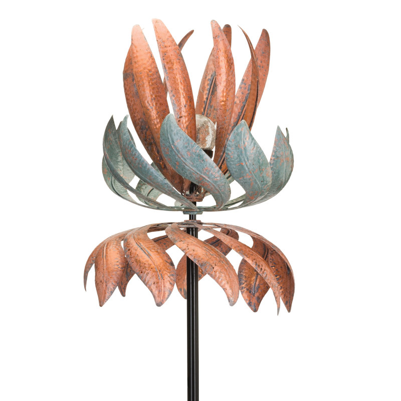 Copper Patina Solar Vertical Wind Spinner with Crackle Glass Ball
