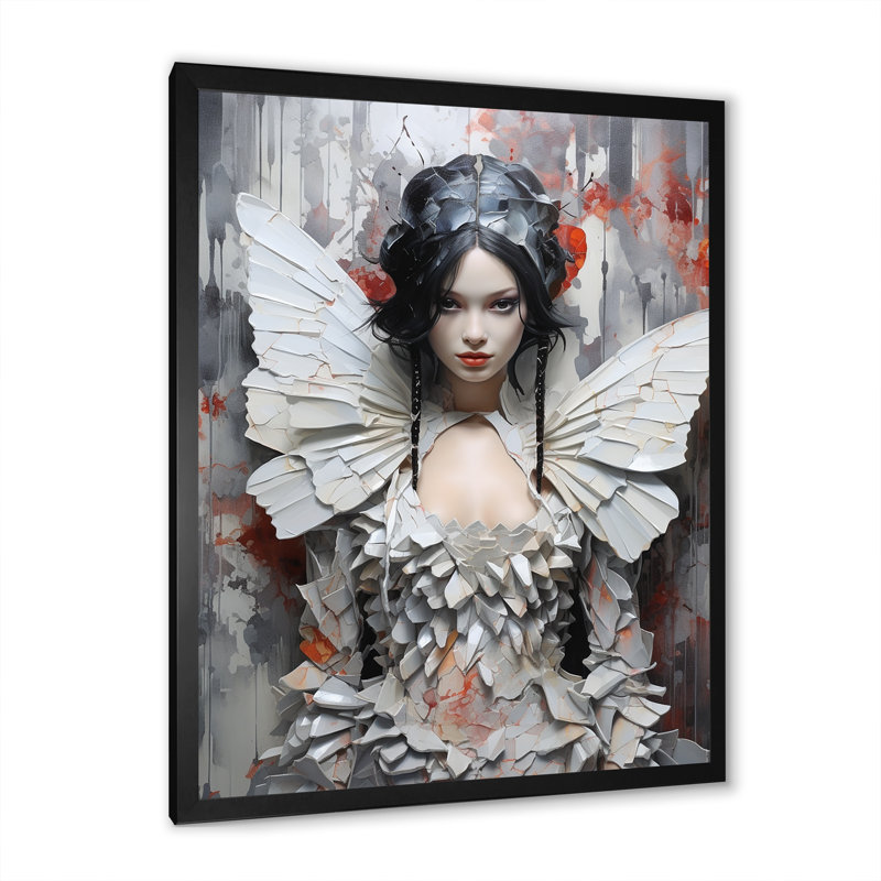 «White Butterfly Glam Woman II», art mural glam, Cadre simple noir, H 32 po x l 16 po x P 1 po