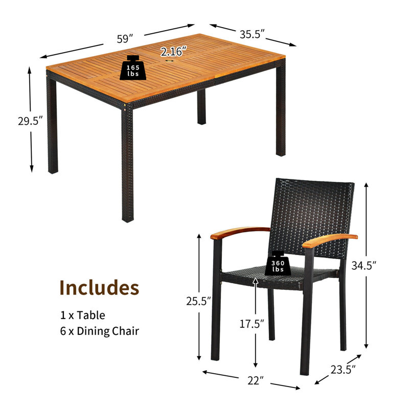Nia 6 - Person Acacia Wicker Patio Dining Set with Rectangular Table