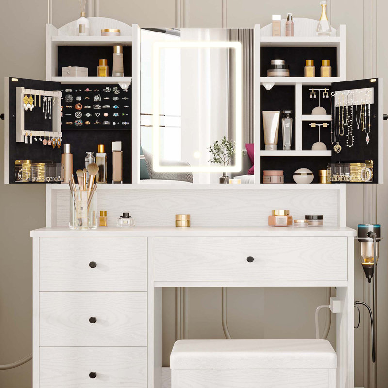 Vanity Desk Set With Large Led Lighted Mirror And Power Outlet, Makeup Table With 5 Drawers & 2 Jewelry Armoire,for Bedroom