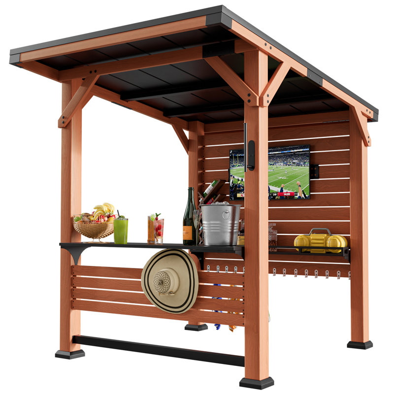 Gazebo de divertissement extérieur en bois de cèdre de 2,4 x 1,8 m avec toit en acier et support télé