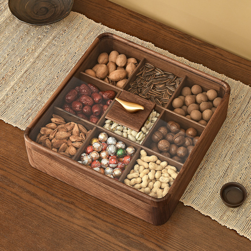 Black Walnut Wood Snack Serving Tray, 9 Compartments Glass Lid Organizer for Candy, Nuts, Chips.