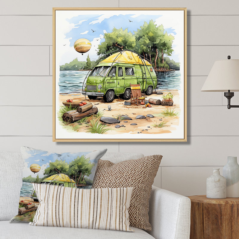 «Riverside Repose Camping Van 1», art mural fruits, Cadre flottant brun, H 16 po x l 16 po x P 1 po