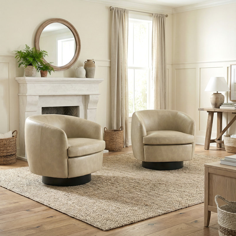 Upholstered Cream Faux Leather Swivel Barrel Chair Recessed Arms With Solid Wood Base (Set of 2), Cream