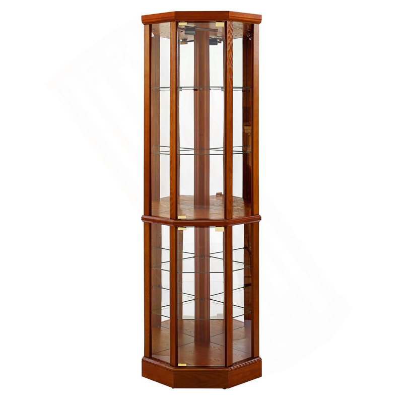 6 Shelf Lighted Corner Curio Cabinet With Adjustable Tempered Glass Shelves And Mirror Back, Oak(E26 Light Bulb Not Included)