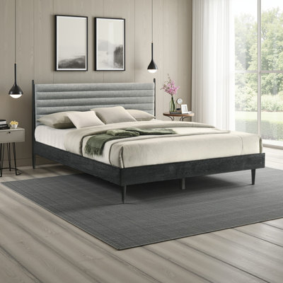 Greylynn Platform Bed Frame in Wood with Upholstered Headboard