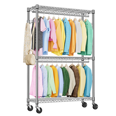 Organisateur de 47,2 po avec 2 tringles de suspension, 3 tablettes réglables et crochets latéraux pour la chambre à coucher, le garde-robe et la salle de lavage, chrome