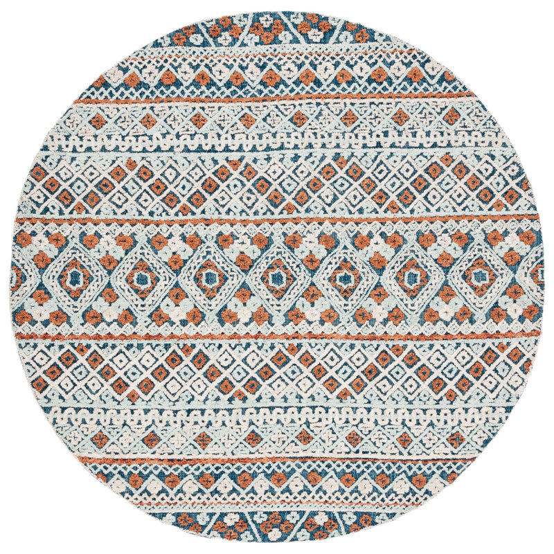 Hand Tufted Wool/Cotton Geometric Rug in Orange/Blue, Round 7'