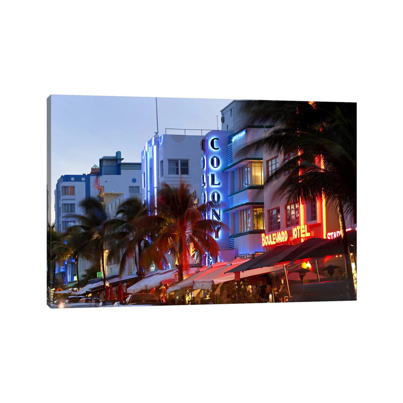 Hotels Lit Up At Dusk In A City, Miami, Miami-Dade County, Florida, USA - Wrapped Canvas Print, 20.32 cm H x 30.48 cm W