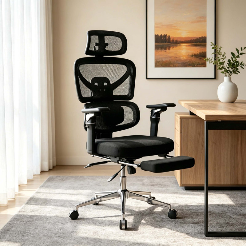 Ergonomic Mesh Office Chair with Massage Lumbar Pad, Adjustable Split Backrest, Multi-Directional Armrests & Retractable Footrest, Reclining Executive Desk Chair for Home Office