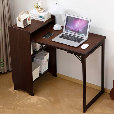 Bamboo Folding Desk, Foldable Desk for Small Space, Computer Desk with Hidden Storage, Mid Century Foldable Table for Home Office and Bedroom