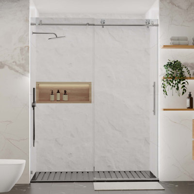 Porte de douche sans cadre l 56 à 60 po x H 76 po, porte de douche coulissante, avec cabine de douche en verre trempé épais de 5/16 po (8 mm) de qualité supérieure, nickel brossé avec tampon, Kd