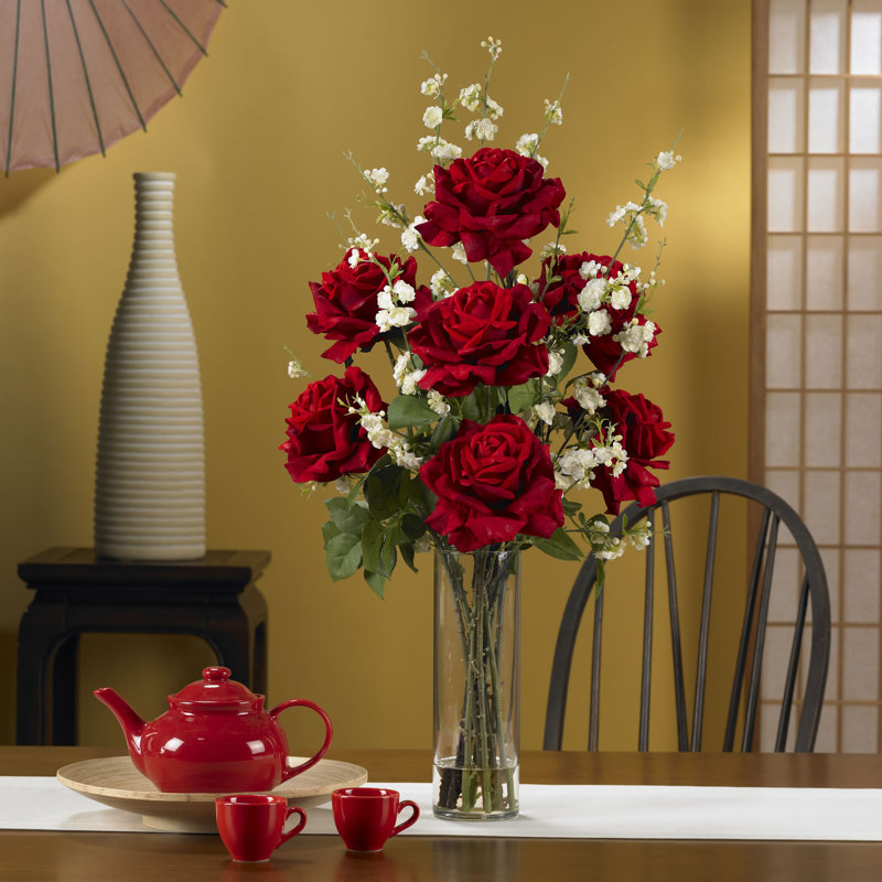 Elegant Red Rose and Cherry Blossom Tabletop Arrangement with Glass Vase
