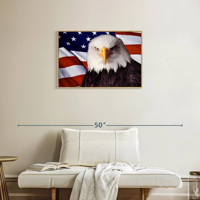 Drapeau américain, aigle à tête blanche, 31 po x 21 po, Cadre flottant en bois naturel