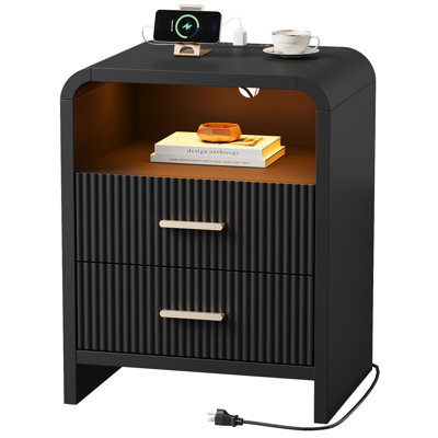 Fluted Nightstand, Modern Wood 2-drawer Bedside Table with Charging Station & Led Light For Bedroom, Living Room, Curved Profile Design, Black