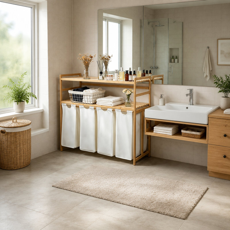 Rangement en bambou pour panier à linge, Blanc, 39.4" H  x 40.5" W x 16.3" D