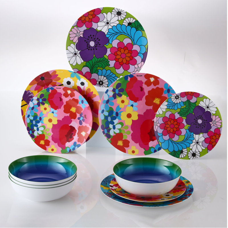 Ensemble de 4 assiettes à dîner French Bull 11 po - Jardin floral, assorties