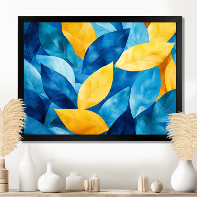 Bleu et jaune, feuilles numériques, feuilles II - art mural floral grand