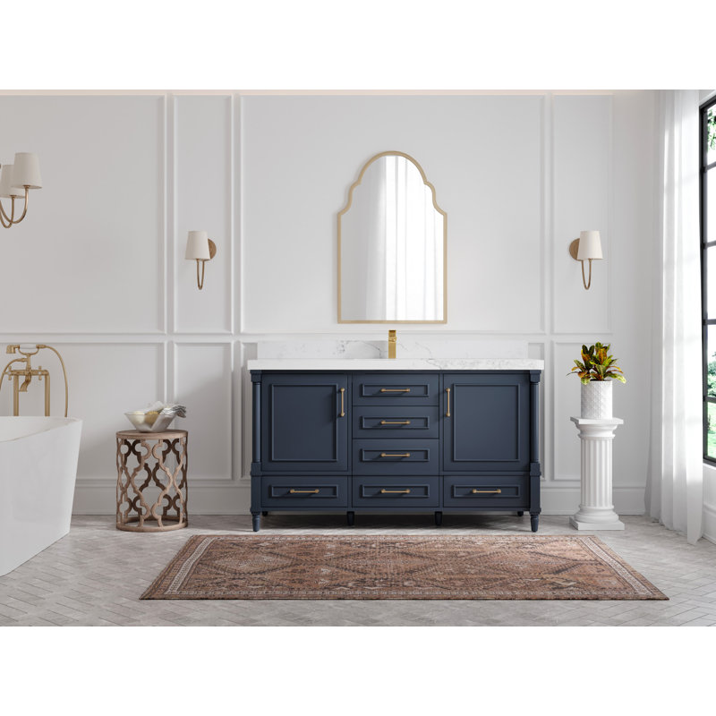 Aberdeen 60'' Single Bathroom Vanity with Quartz Top, Calacatta Nuvo, Hale Navy Blue