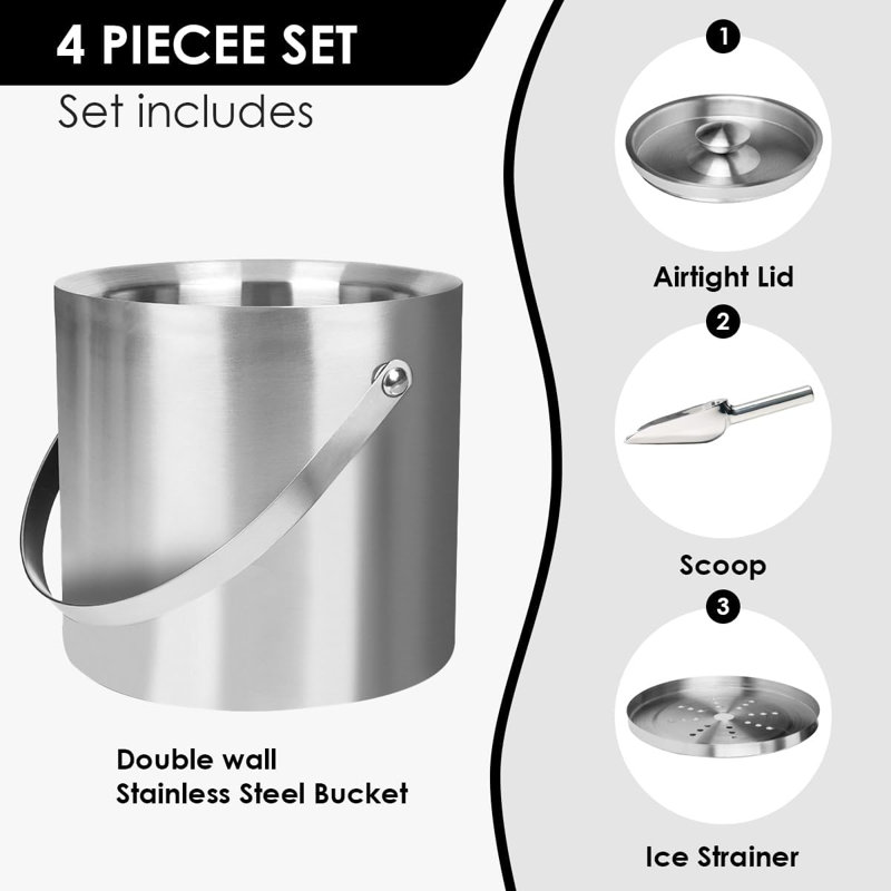 Seau à glace en acier inoxydable à double paroi 3L avec cuillère pour bar à cocktail