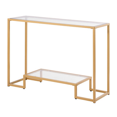 Console à 2 niveaux en verre, table d'appoint rectangulaire moderne avec plateau en verre trempé et pieds en fer