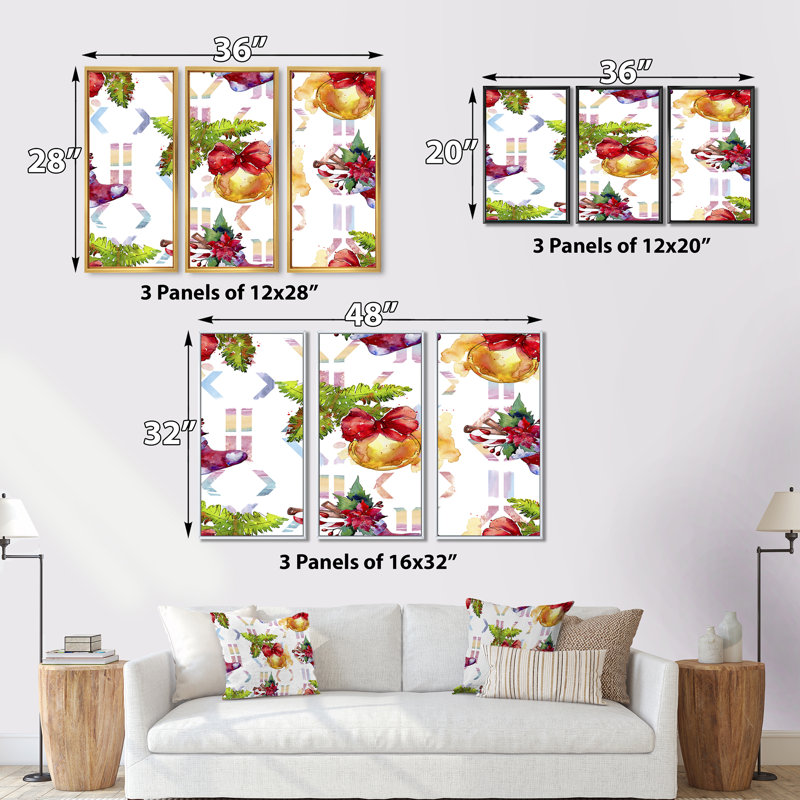 «Christmas Winter Holiday Symbols», ensemble de 3 toiles encadrées, H 28 po x l 36 po x P 1 po, Cadre noir