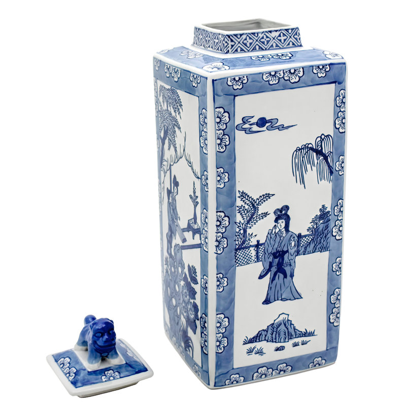 20" Blue & White Square Fu Dog Jar