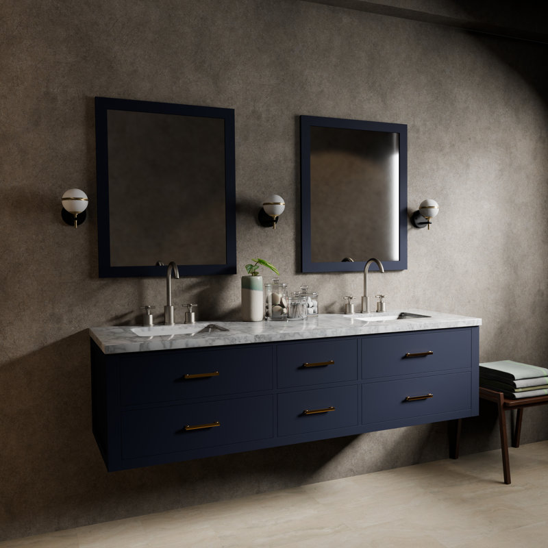 Ensemble de meuble-lavabo double mural 72 "avec miroir, Bleu, Marbre de Carrare blanc