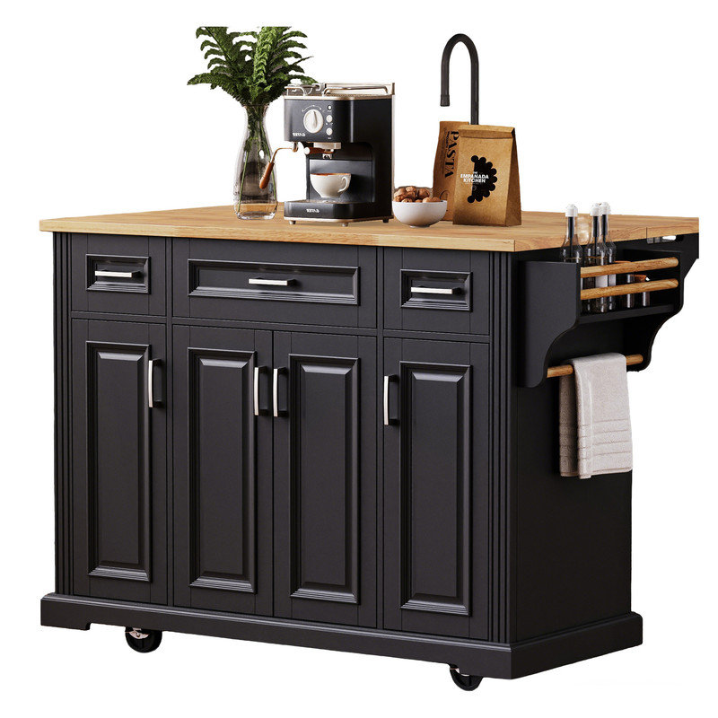54" Kitchen Island Center with Drop Leaf, Matt Black