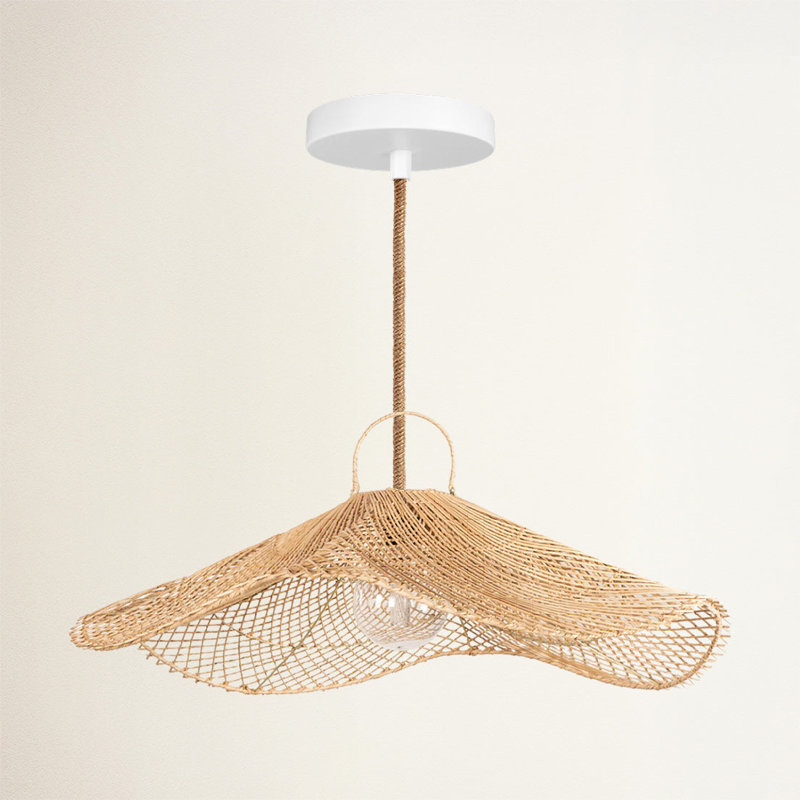 Lotus Pad Outdoor Rattan Pendant Light - Large Natural Poly Fiber Novelty 1-Light Handwoven Adjustable Outdoor Hanging Light For Covered Patio, Entryway In Coastal, Farmhouse, Rustic & Country Style