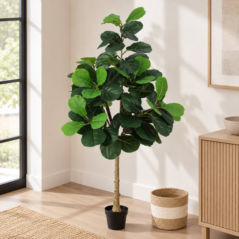 Figuier lyre artificiel de 1,5 m de haut avec pot tressé, faux Ficus lyrata pour espaces intérieurs