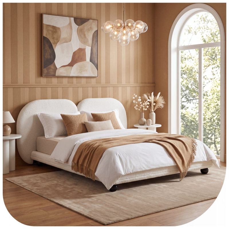 King Size Upholstered Platform Bed Frame with Extra Thick Split Headboard, White Fabric and Iron Support