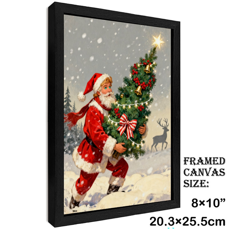 Art mural rétro noir avec père Noël et arbre de Noël, impressions de style rétro, H 11 po x l 9 po