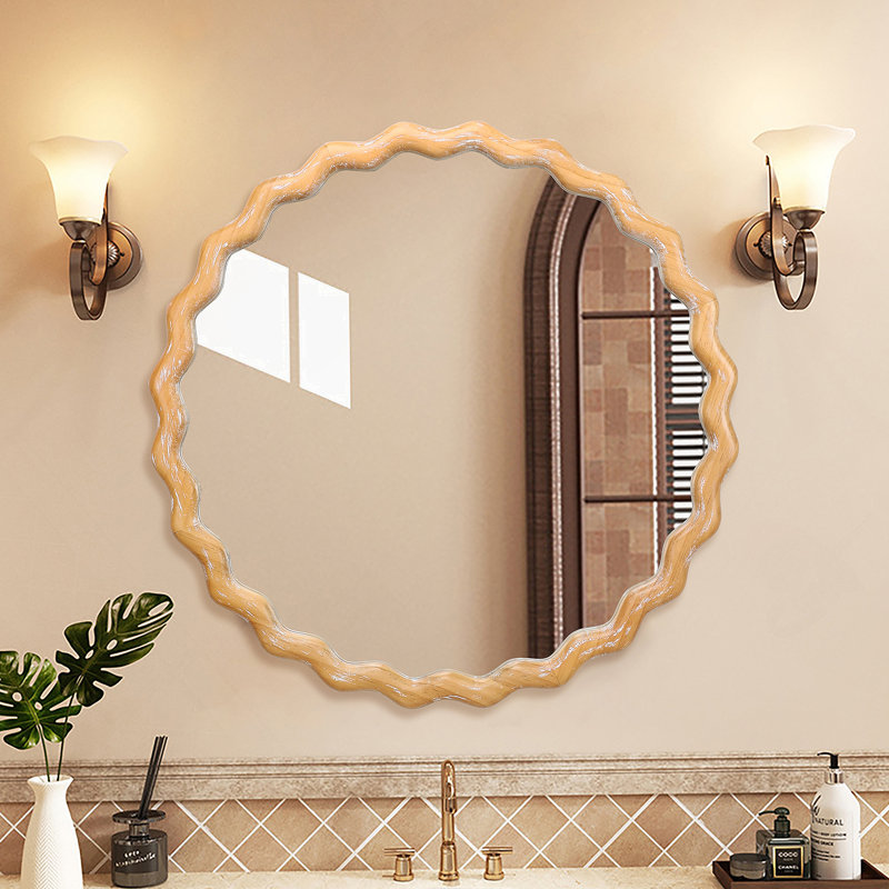 27.5 Inches Round Wavy Wall Mirror For Bathroom Vanity, Wooden Farmhouse Circle Mirrors For Bedroom, Entryway, Living Room, Kithen Whitewash Edge Decorative Mirror For Home, Office