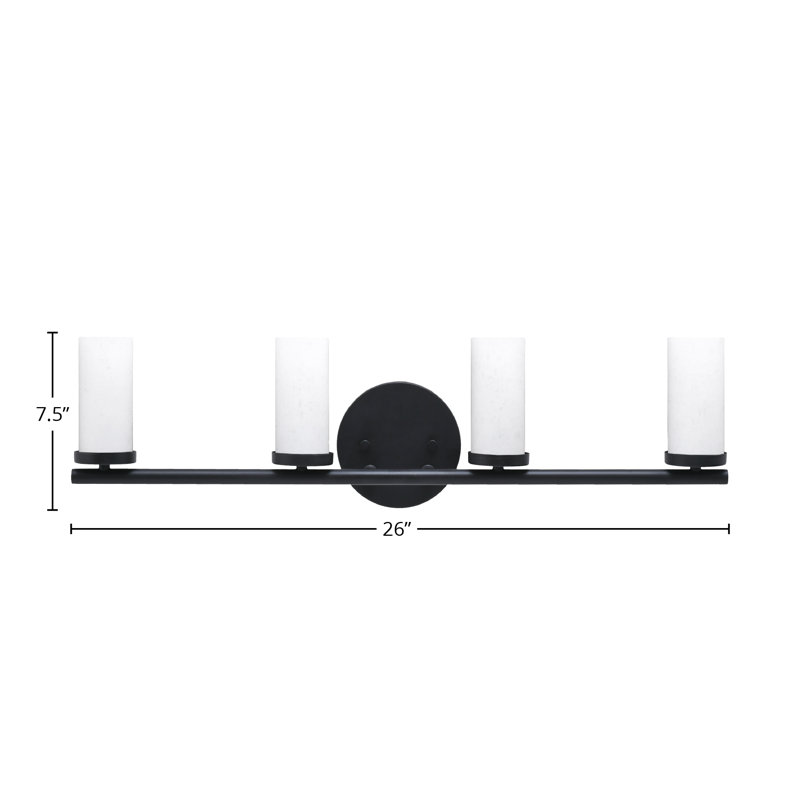 Barre d'éclairage de salle de bain 4 lumières Trinity avec verre blanc 2,5 po, Noir mat