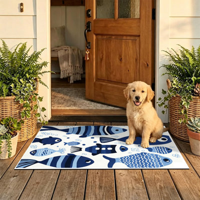  Tapis d'entrée antidérapant pour l'intérieur, 24 po x 36 po, motif poisson bleu minimal