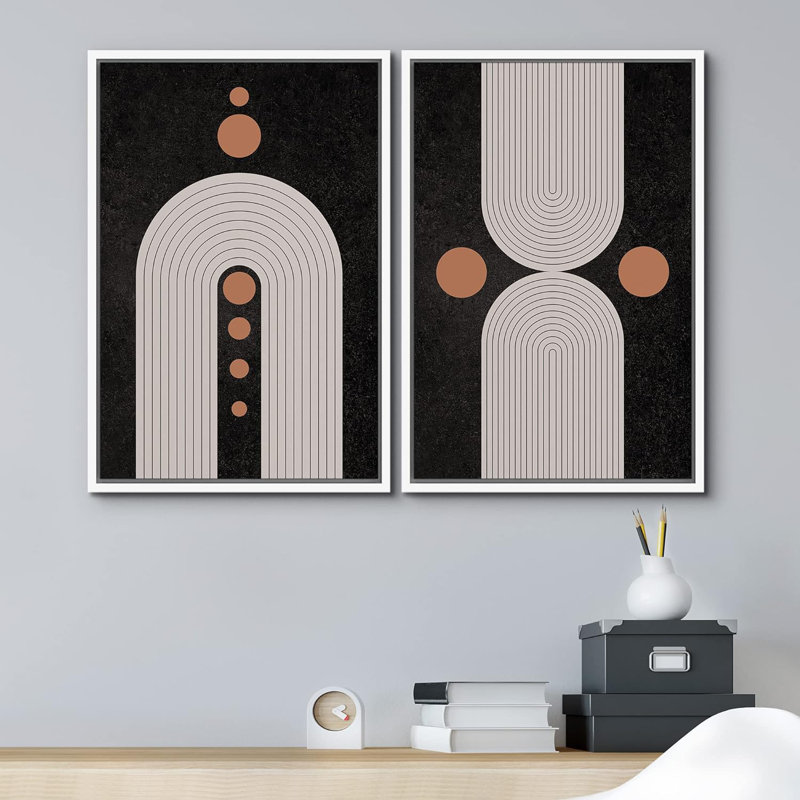 Black and Brown Geometric Circle Line Art Abstract Shapes Mid Century Modern Decor, White Floater Framed